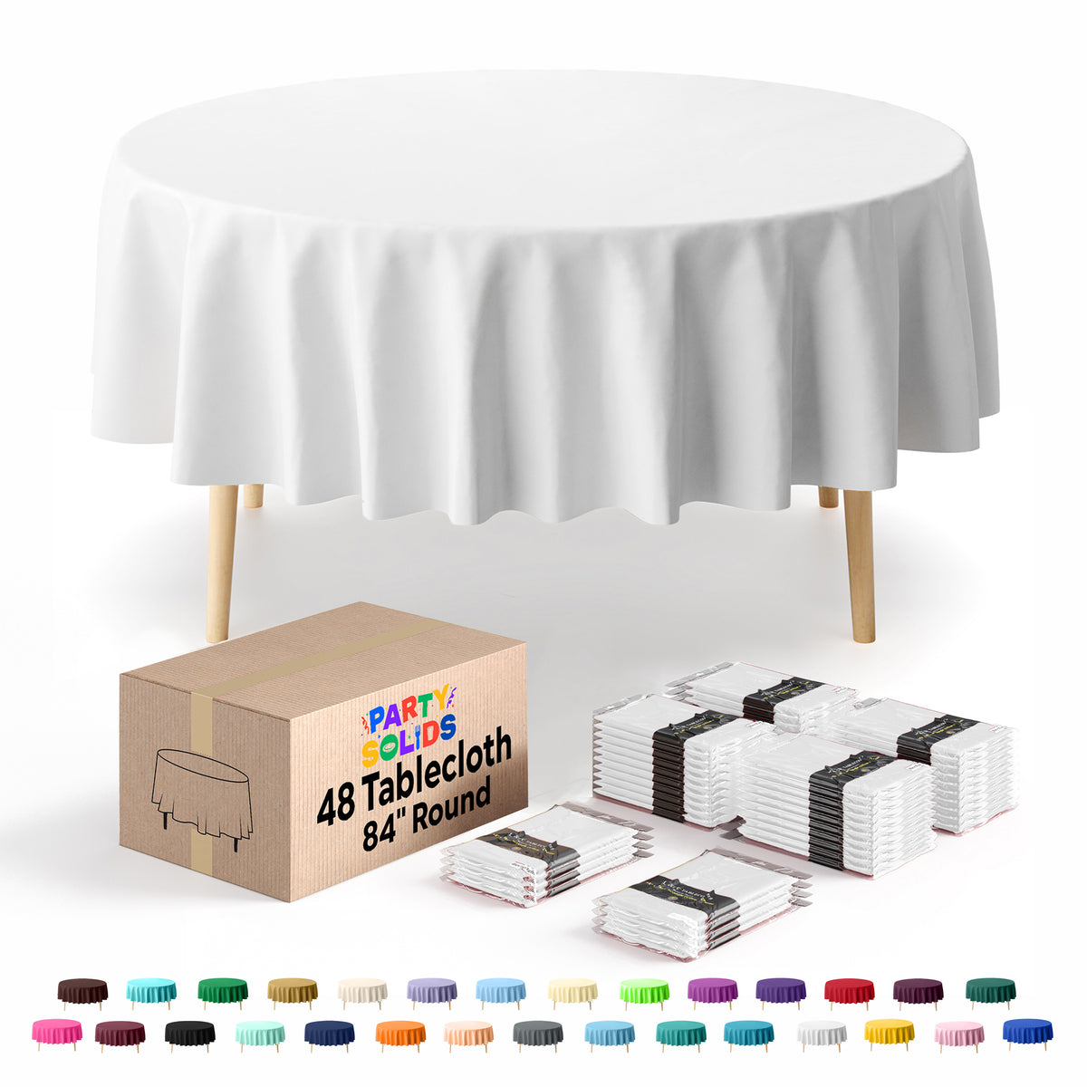 Round White Plastic Table Cover | 84 in. | Case of 48