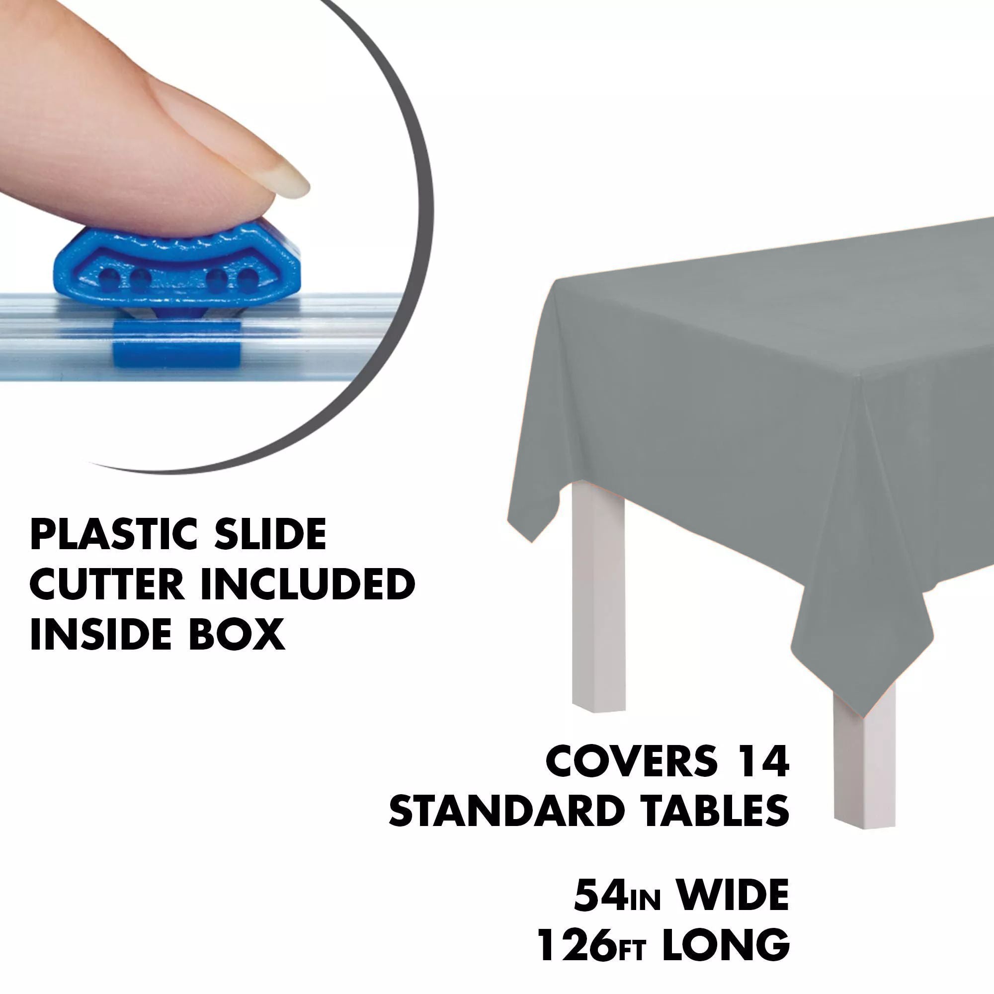 Silver Plastic Table Cover Roll with Cutter - 54 x 126 ft