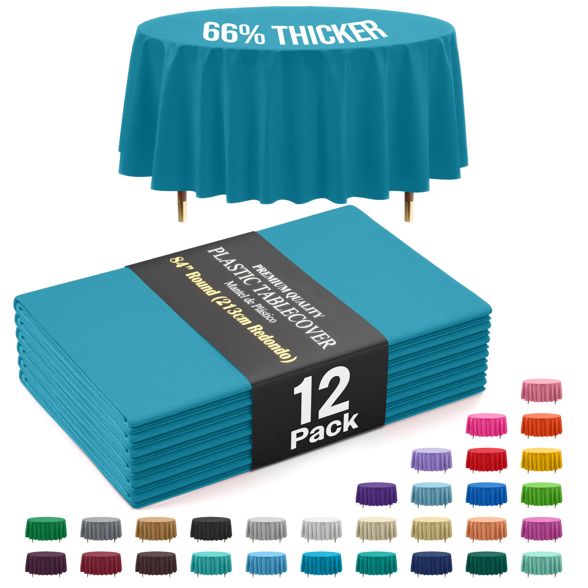 Premium Round Turquoise Plastic Table Covers | 12 Pack | 84 in.