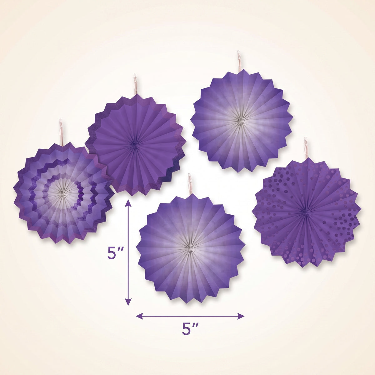 Purple Paper Fan Decorations - 5 Inch, 5-Pack