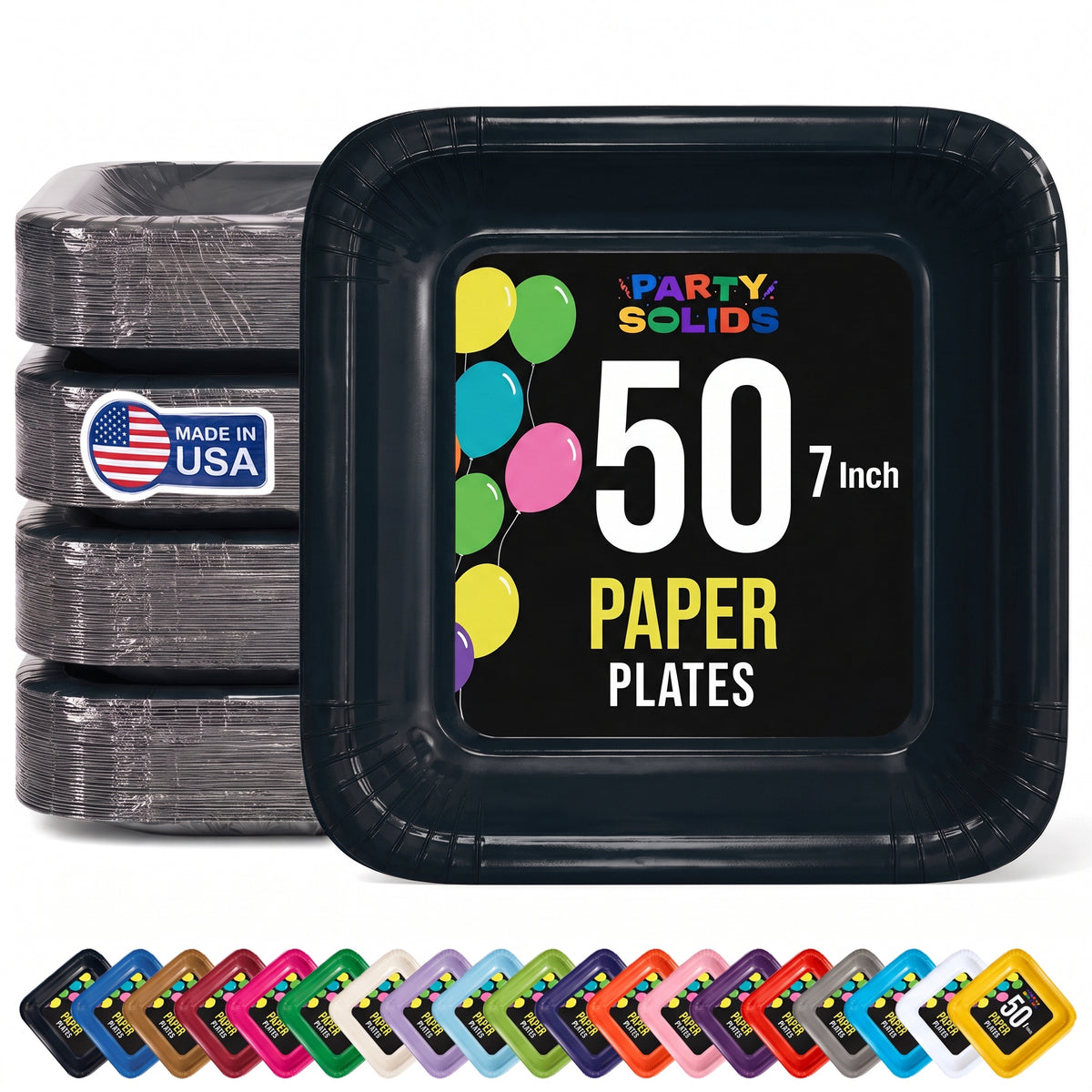 7 In. Black Square Paper Plates - 50 Ct.