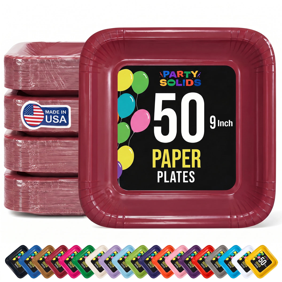 9 In. Burgundy Square Paper Plates - 50 Ct.