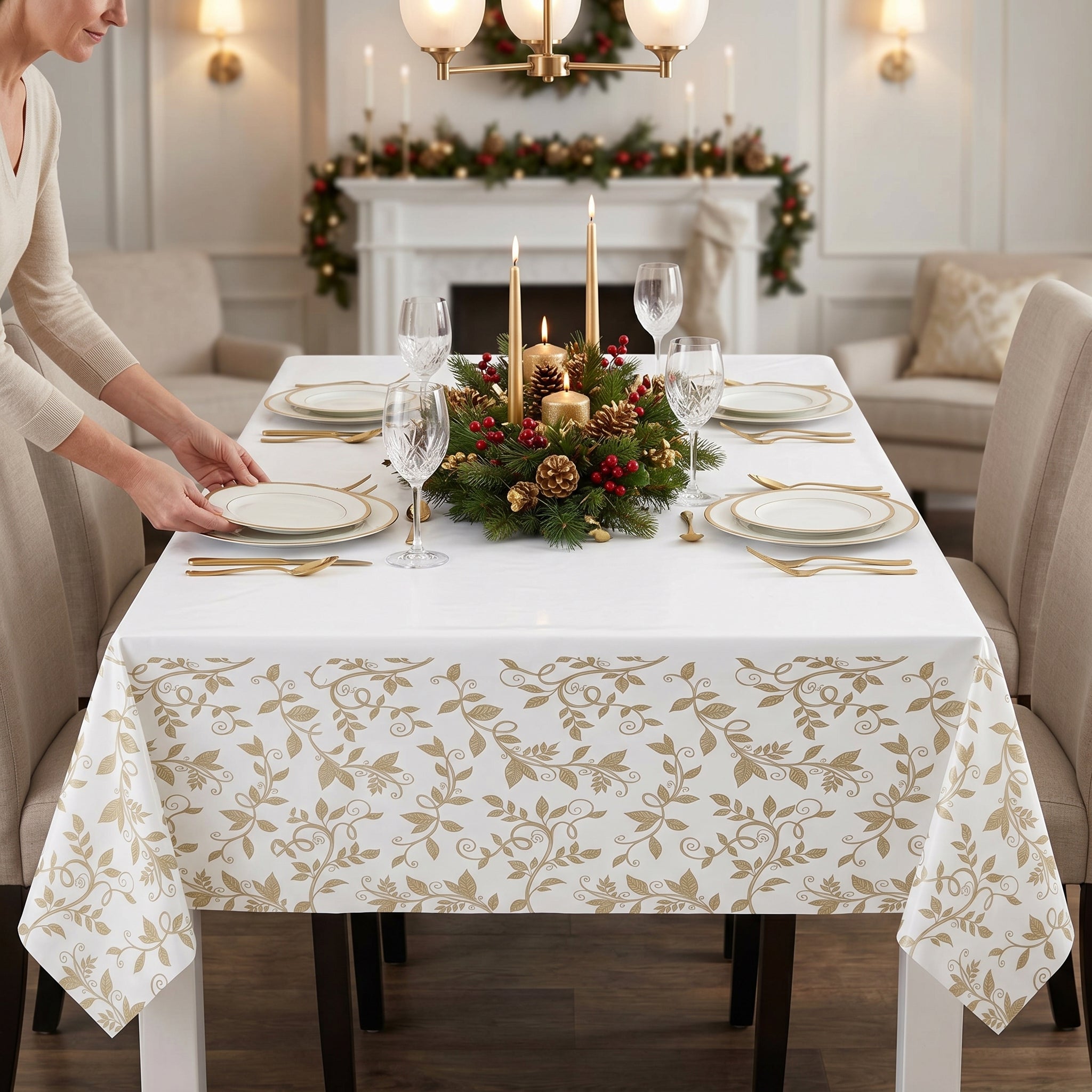50th Anniversary White and Gold Plastic Table Cover - Elegant Floral Vine Rectangular Party Tablecloth, Wipeable Disposable Tablecloth for Wedding Anniversary Decor, 54 x 102