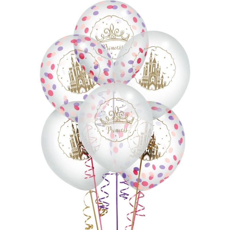 Little Gym - Disney Princess Once Upon A Time Round Transparent Confetti Latex Balloons, Purple/Pink/Gold, 12-in,  for Birthday Party - 6 Ct.
