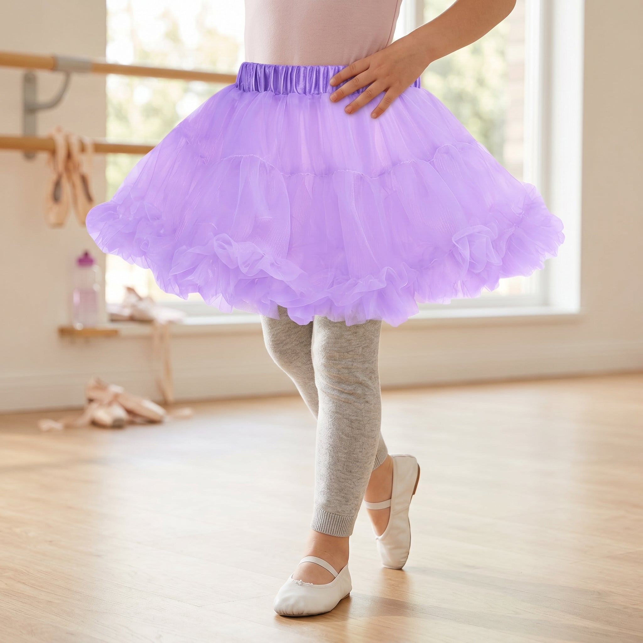Girls Lavender Tutu Skirt - Layered Tulle Ballet Petticoat with Satin Elastic Waist for Dance, Dress Up, Princess Costume - M/L