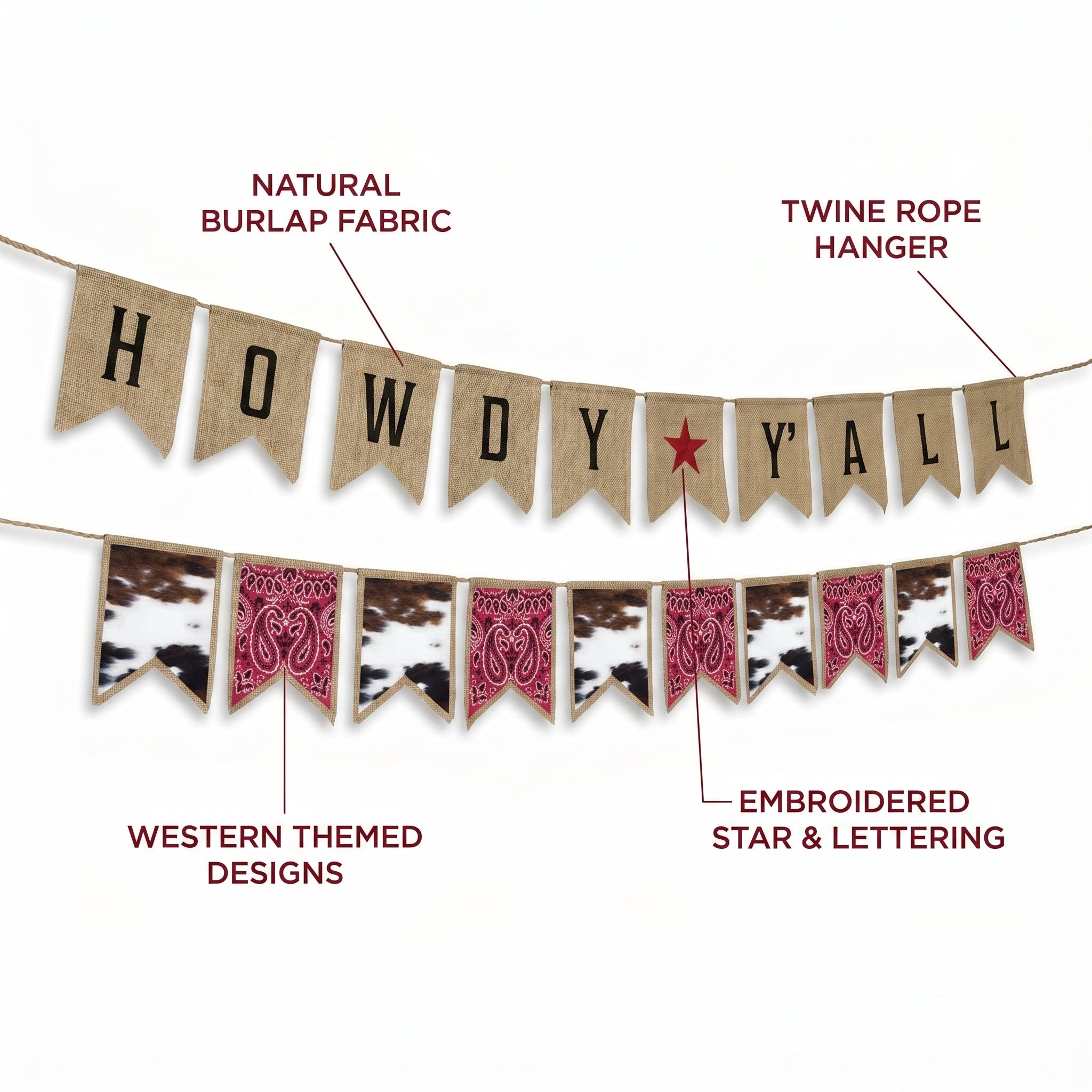 Western Howdy Y'all Banner Set - Reversible Burlap Party Decoration with Cowhide Bandana Garland, Pre-Strung Rustic Cowboy Rodeo Party Decor, 2 Piece, 6 ft