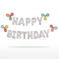 Silver Glitter "Happy Birthday" Air-Filled Balloon Banner Kit - 16" | 16 Count