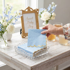 Scalloped Edge Beverage Napkins - Ice Blue with Gold Foil Border, Decorative Cocktail Napkins for Baby Shower, Birthday, Tea Party, Christening - 5 In. X 5 In.