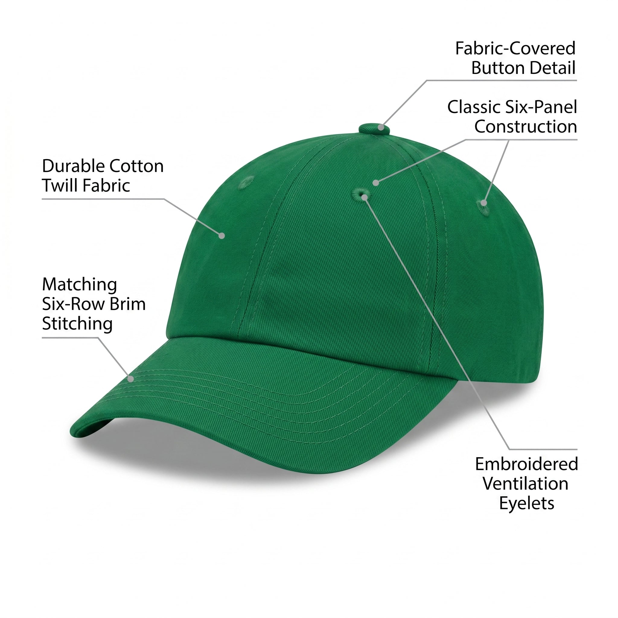 Green Baseball Cap - Plain Cotton Twill Blank Hat with Curved Brim, Unisex Classic 6-Panel Kelly Green Cap for Everyday Wear, Sports or Customization
