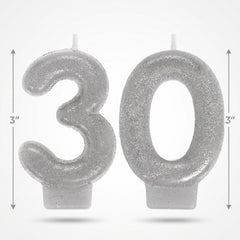 Sparkling Silver Glitter Number 30 Birthday Candles, 2-Piece Set