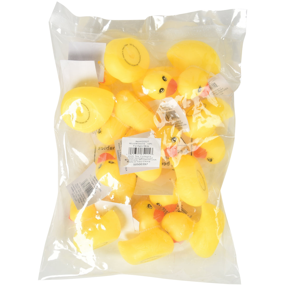 An unopened pack of small rubber duck party favors