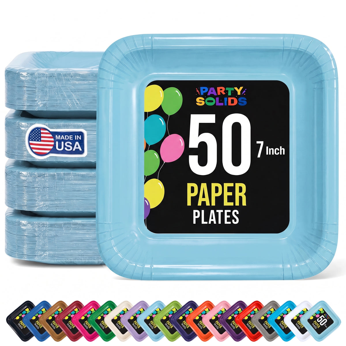 7 In. Light Blue Square Paper Plates - 50 Ct.