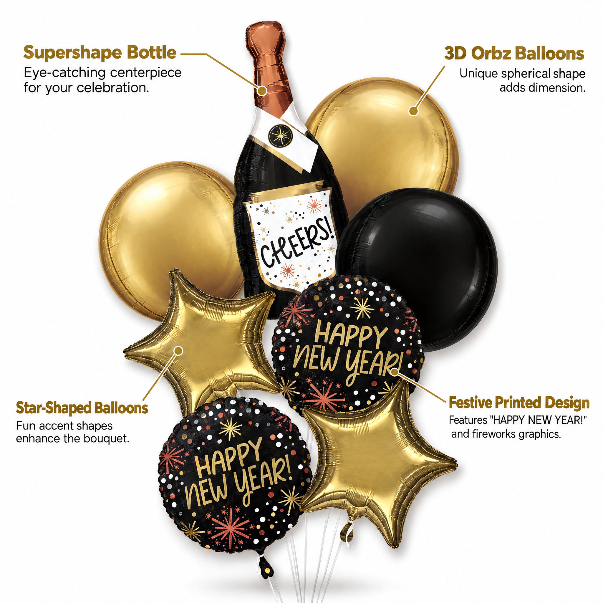 Premium New Year's Eve Confetti Foil Balloon Bouquet | 8 Count