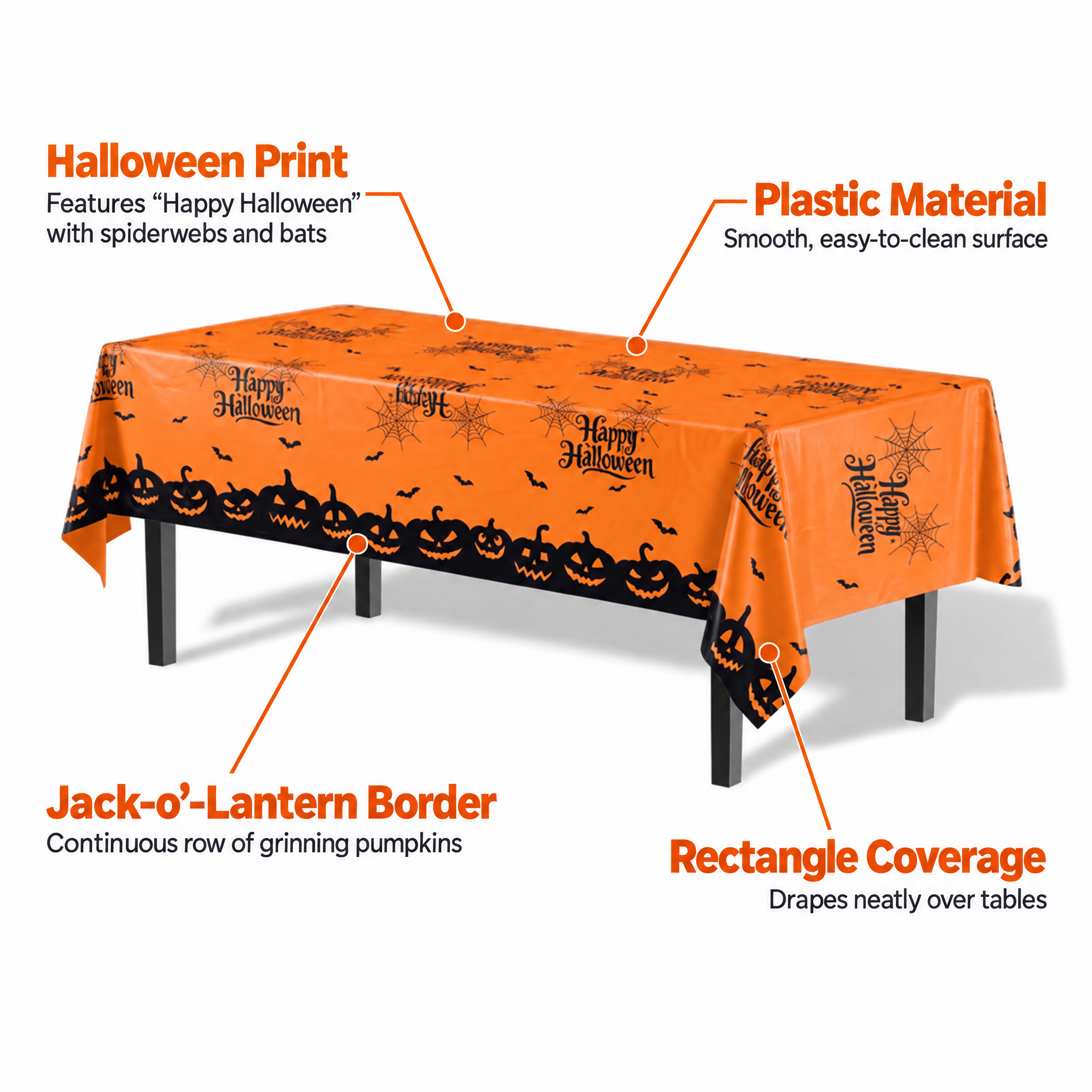 Happy Halloween Orange Plastic Table Cover | 54 in. x 108 in.