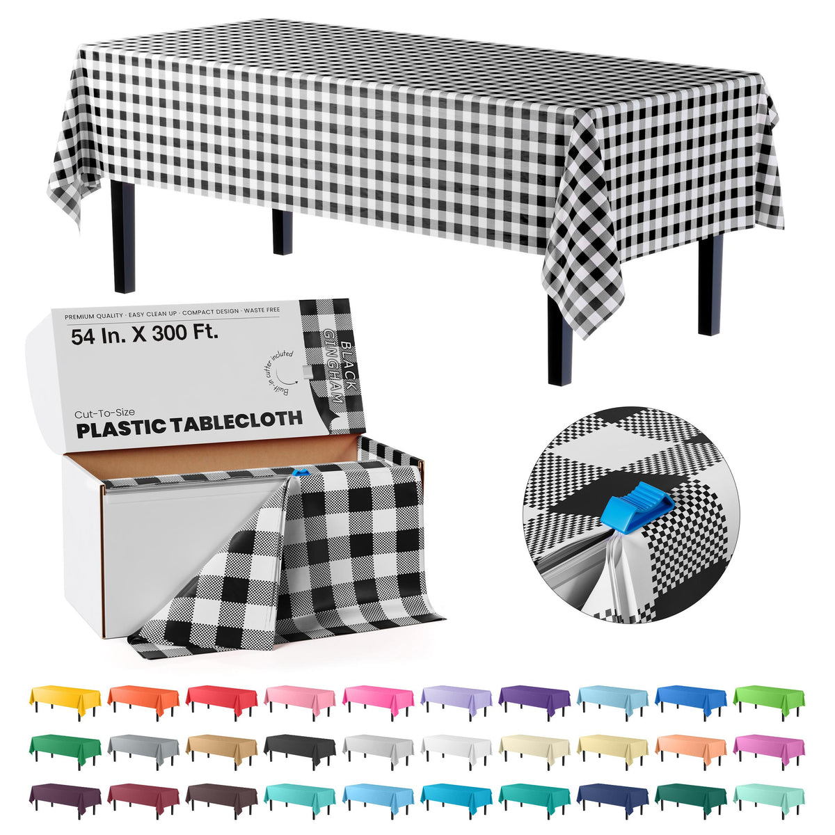 54 in. x 300 Ft. Cut to Size Plastic Table Cover  | Black Gingham | Case of 4