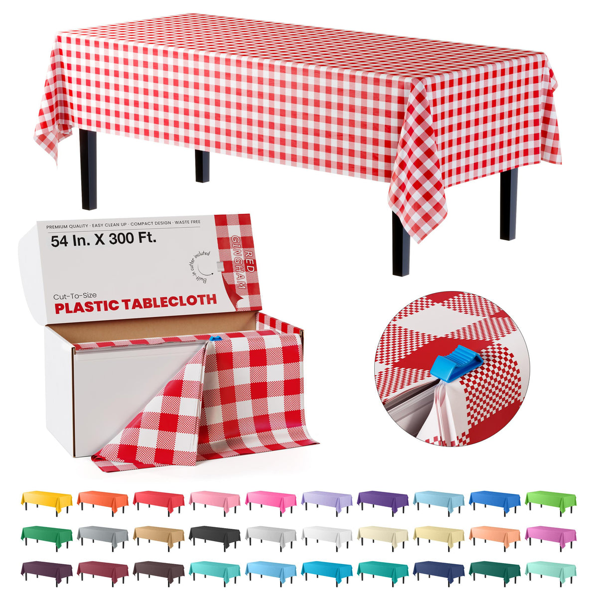 54 in. x 300 Ft. Cut to Size Plastic Table Cover  | Red Gingham | Case of 4