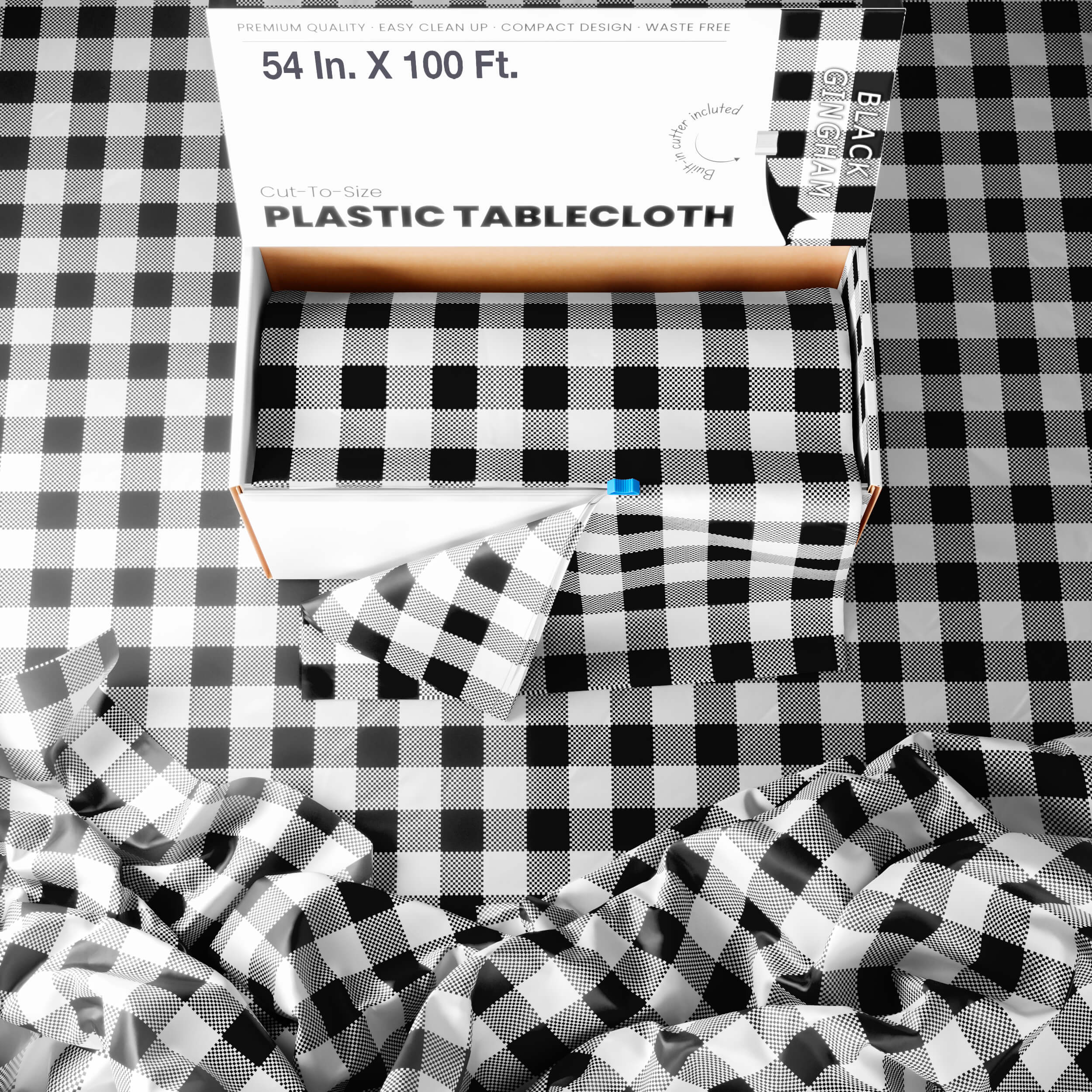 54 In. x 100 Ft. Cut to Size Plastic Table Cover  | Black Gingham | Case of 6