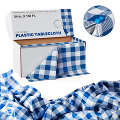 54 in. x 100 Ft. Cut to Size Plastic Table Cover | Blue Gingham