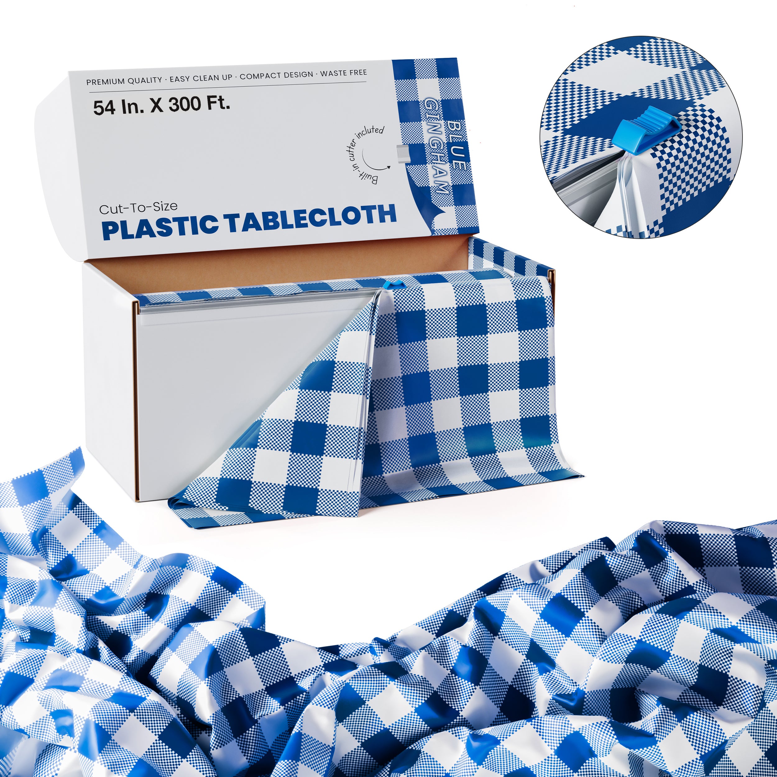 54 in. x 300 Ft. Cut to Size Plastic Table Cover  | Blue Gingham | Case of 4
