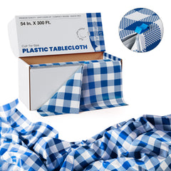 54 in. x 300 Ft. Cut to Size Plastic Table Cover  | Blue Gingham | Case of 4