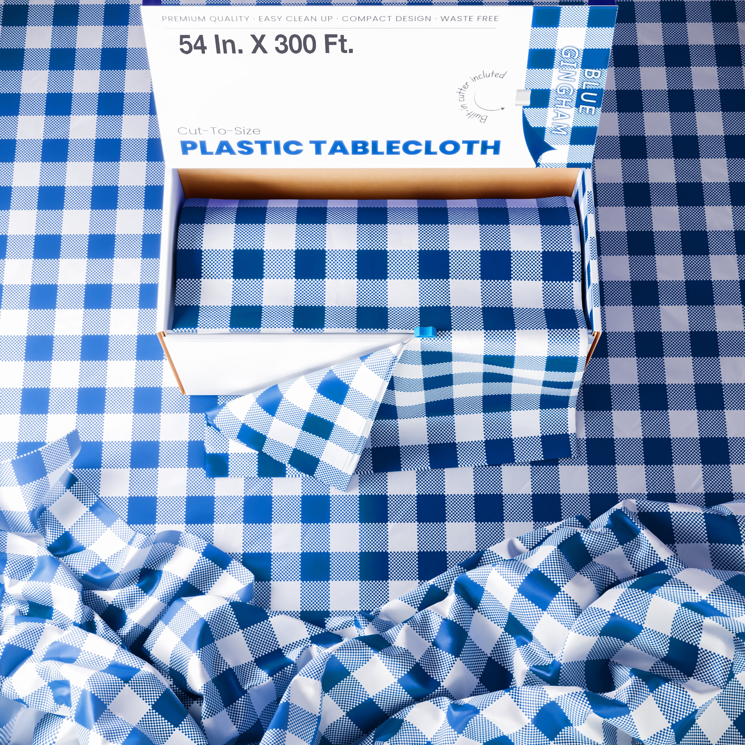 54 in. x 300 Ft. Cut to Size Plastic Table Cover  | Blue Gingham | Case of 4