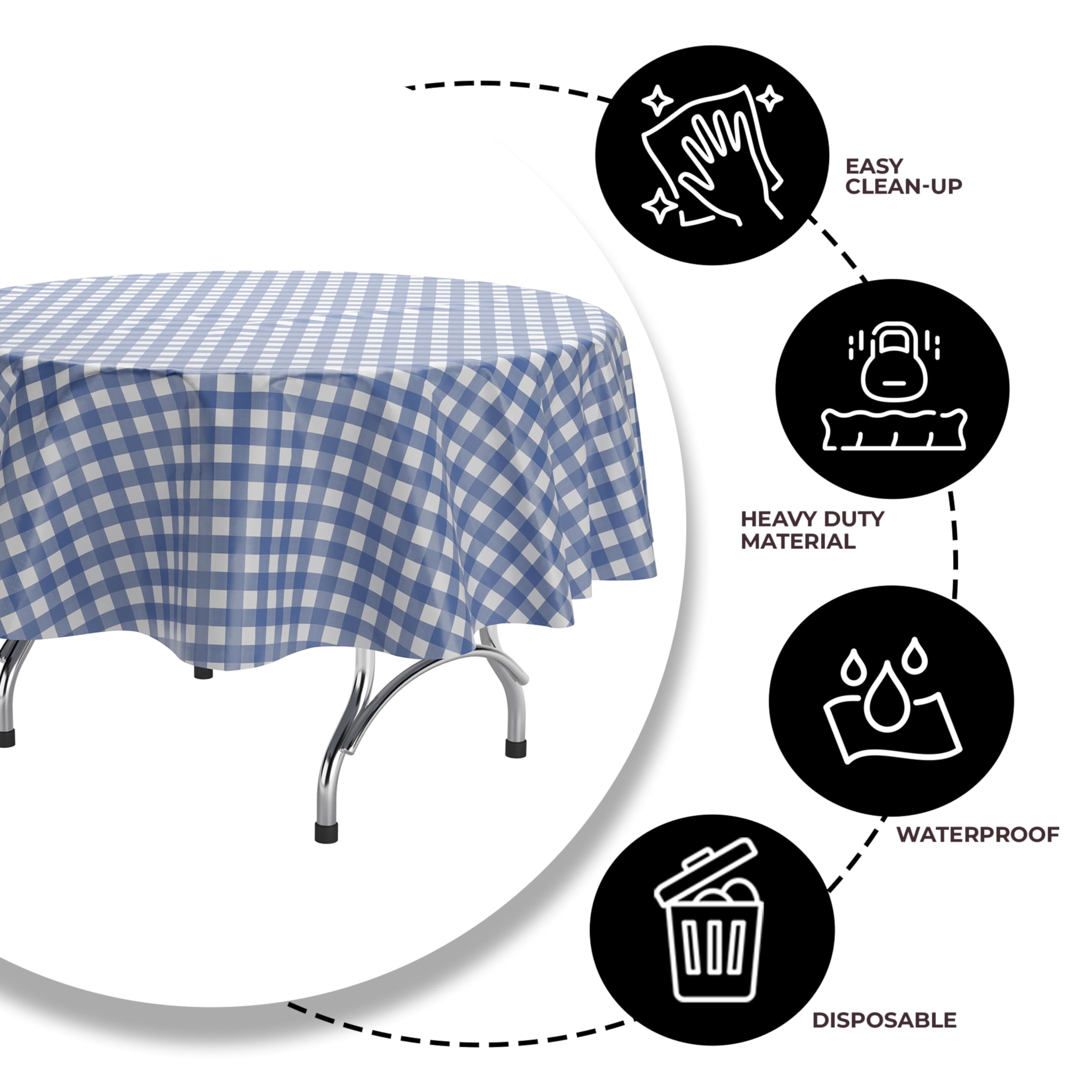 Round Blue Gingham Plastic Table Covers | 6 Pack